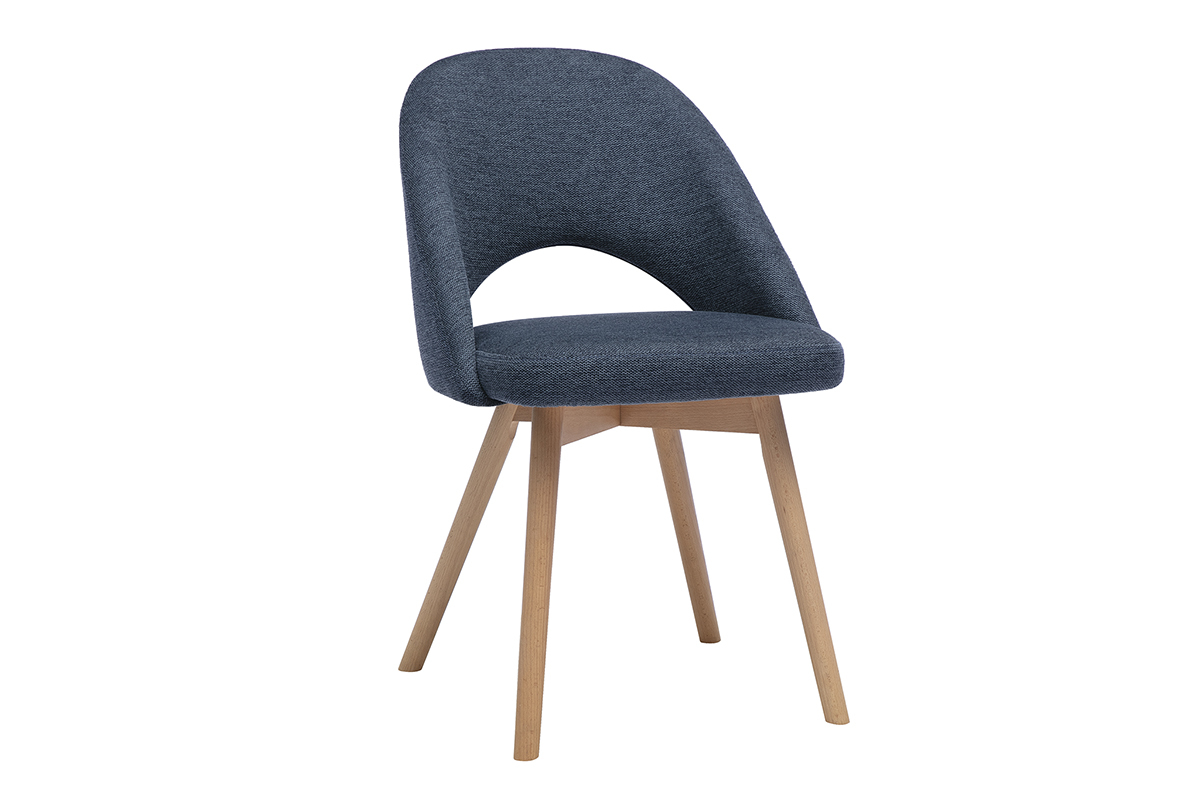 Sedia scandinava in tessuto blu scuro e legno chiaro, vista a 3/4