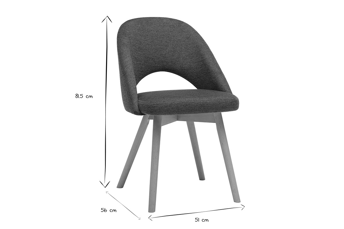 Dimensioni delle sedie scandinave in tessuto, vista di profilo, in bianco e nero.