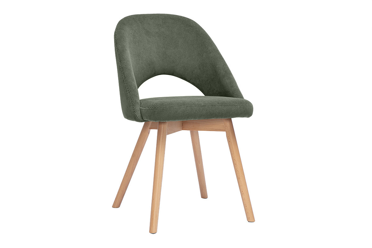 Sedia scandinava in velluto a coste verde kaki con gambe in legno chiaro, vista da 3/4.