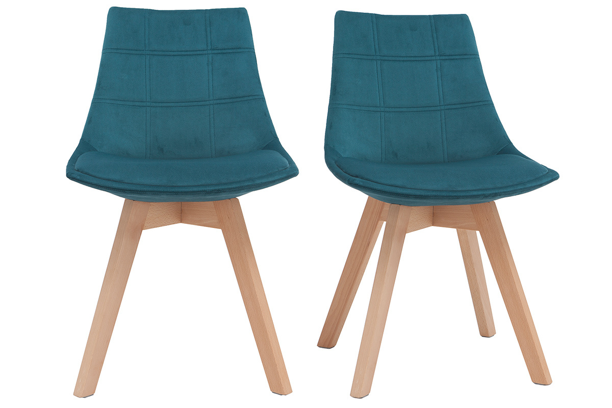 Sedie scandinave in tessuto velluto blu petrolio e legno chiaro (set di 2) MATILDE