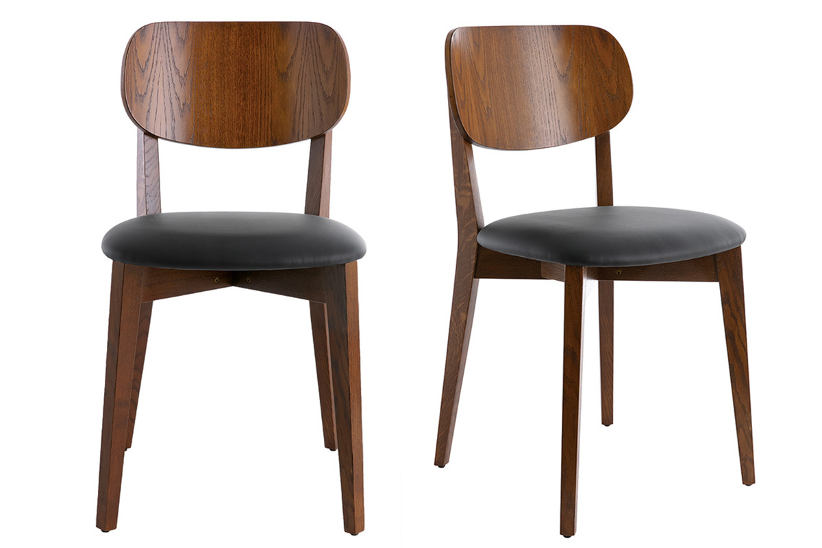 Sedie vintage finitura noce e sedile nero (set di 2) LUCIA