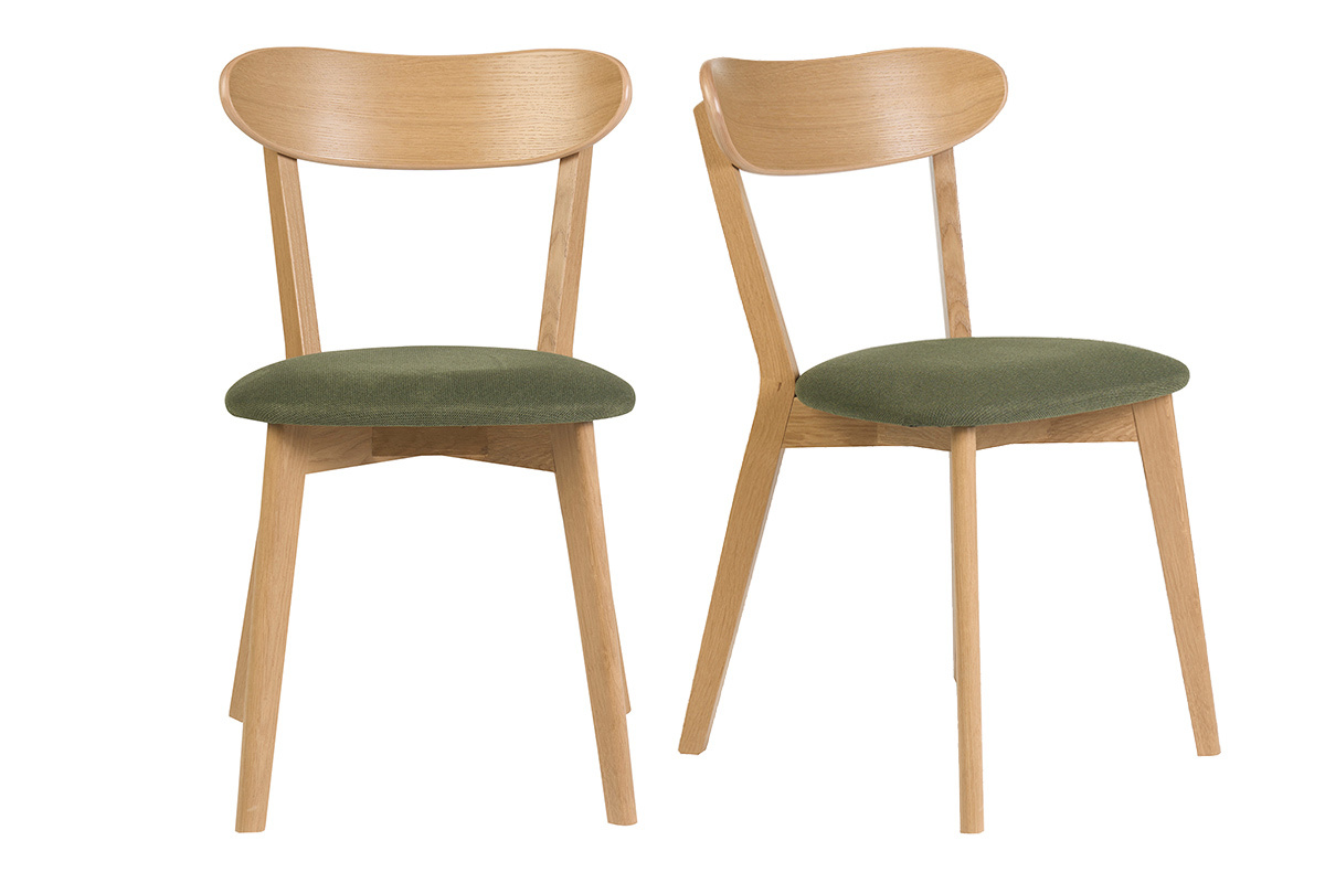 Set di 2 sedie vintage in legno chiaro di quercia e tessuto verde kaki, vista frontale.