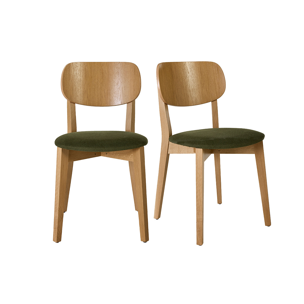 Sedie vintage in legno chiaro rovere e tessuto effetto velluto testurizzato verde kaki (lotto di 2) LUCIA