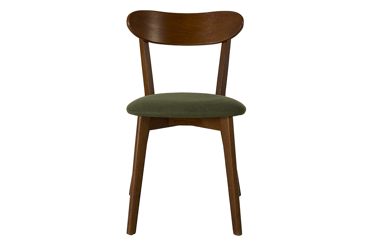 Sedia vintage DOVE in legno scuro e tessuto effetto velluto testurizzato verde kaki, vista frontale.