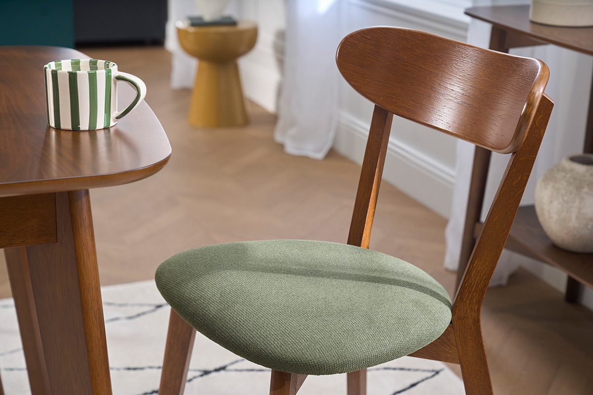 Sedie vintage in legno scuro e tessuto effetto velluto strutturato verde kaki (lotto da 2) DOVE