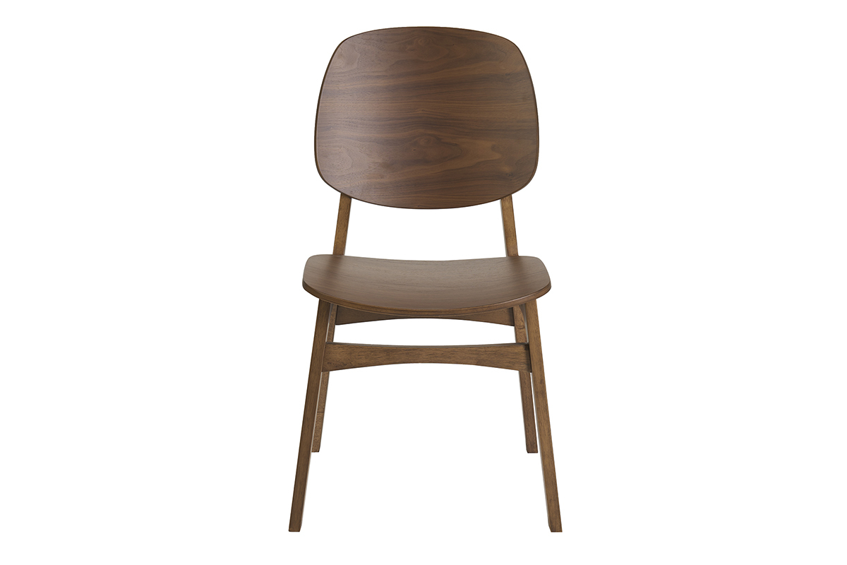 Sedia vintage in legno di noce scuro, vista frontale, con schienale sagomato e ampia seduta.