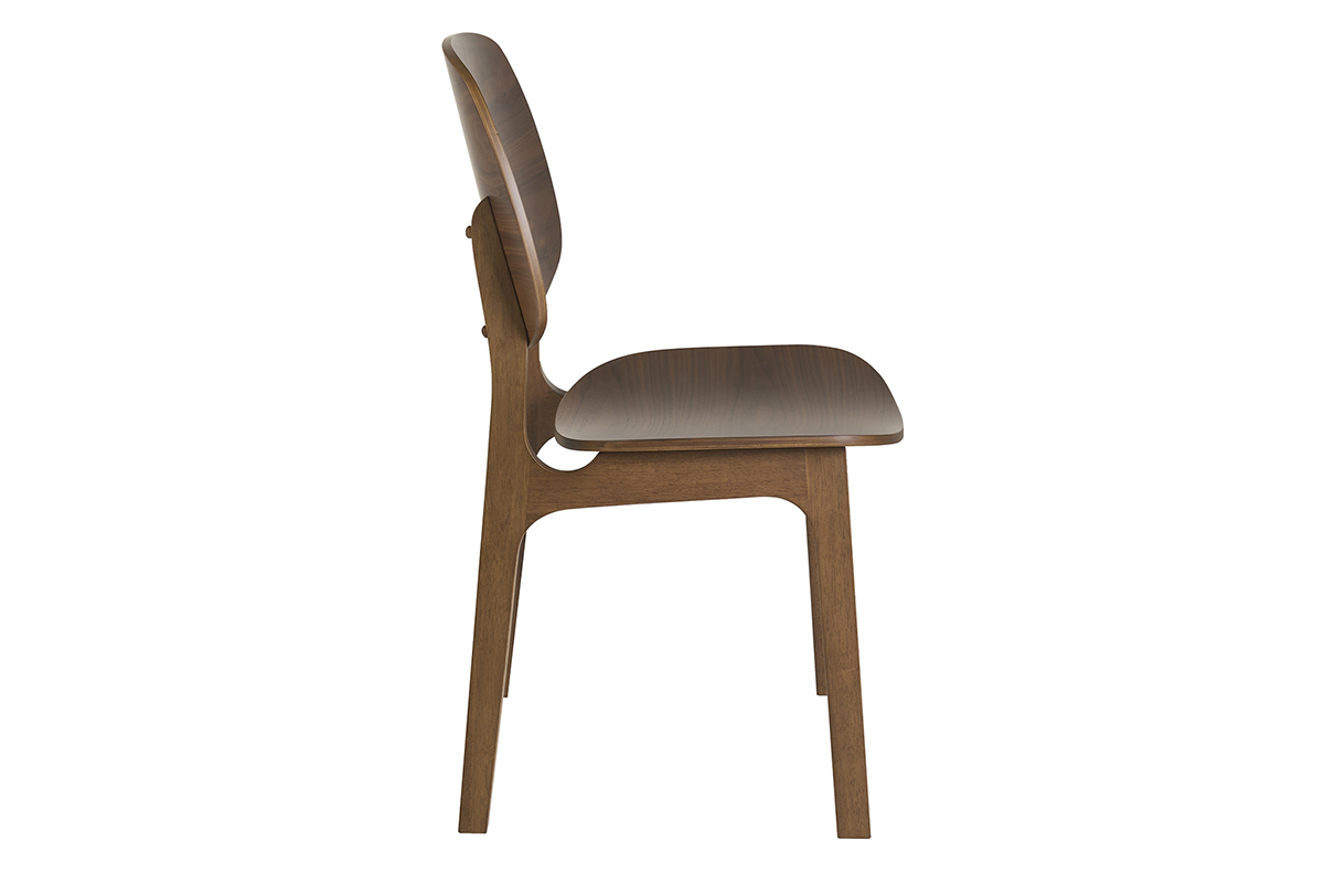 Sedia vintage in legno di noce scuro, vista di profilo, con seduta e schienale curvati.