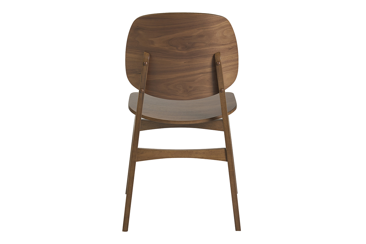 Sedia vintage in legno scuro noce, vista posteriore, design sobrio e arrotondato.