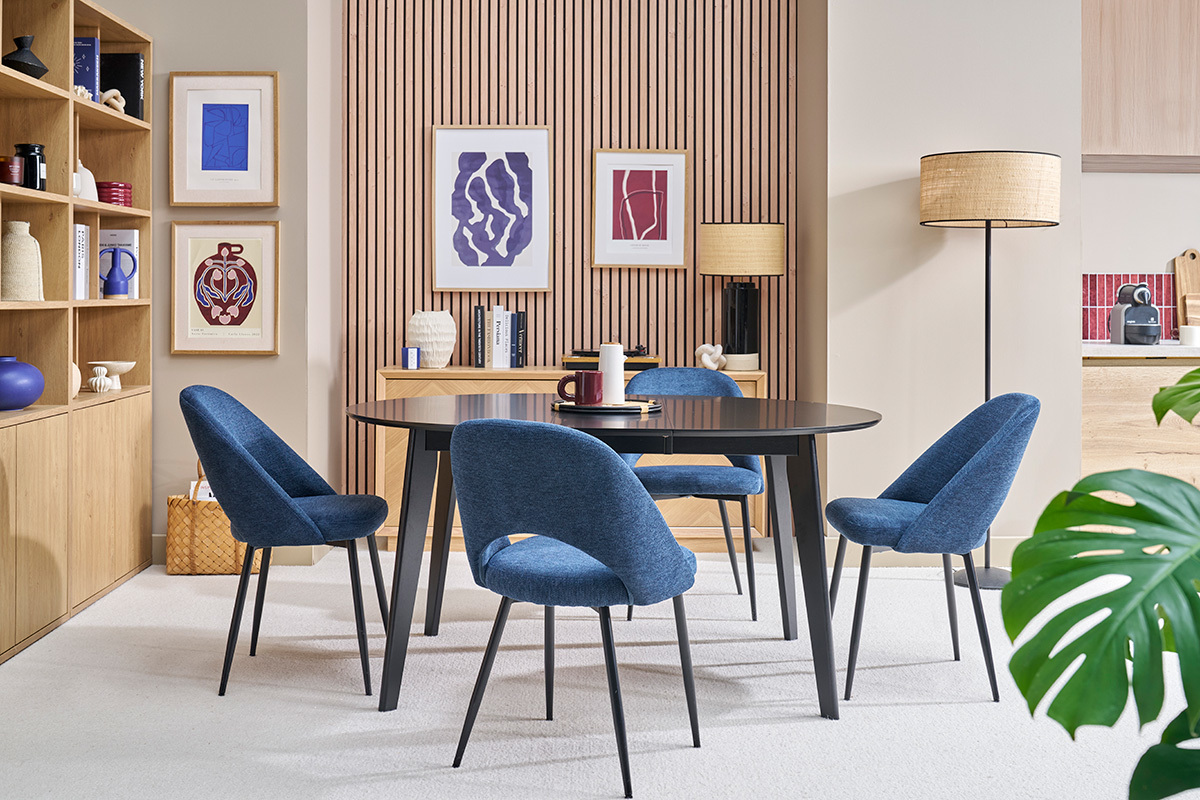 Sedie vintage in tessuto effetto velluto testurizzato blu scuro e metallo nero (set di 2) COSETTE