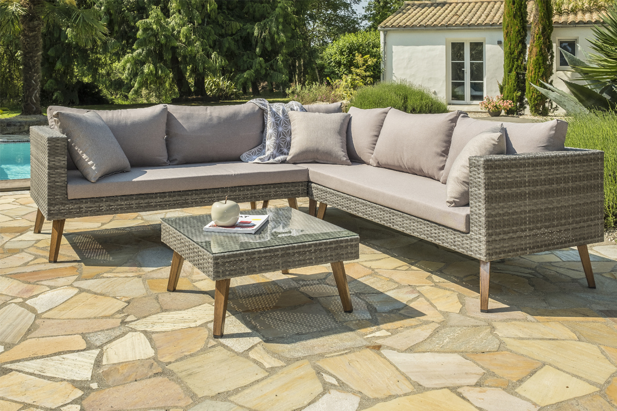 Set da giardino ad angolo in resina intrecciata grigia HOBA
