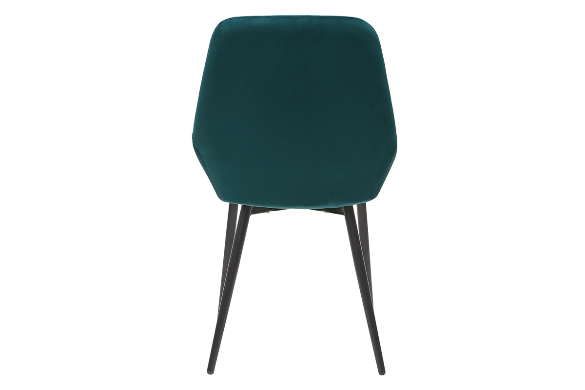 Sedia in velluto blu petrolio con gambe in metallo nero, vista da dietro.