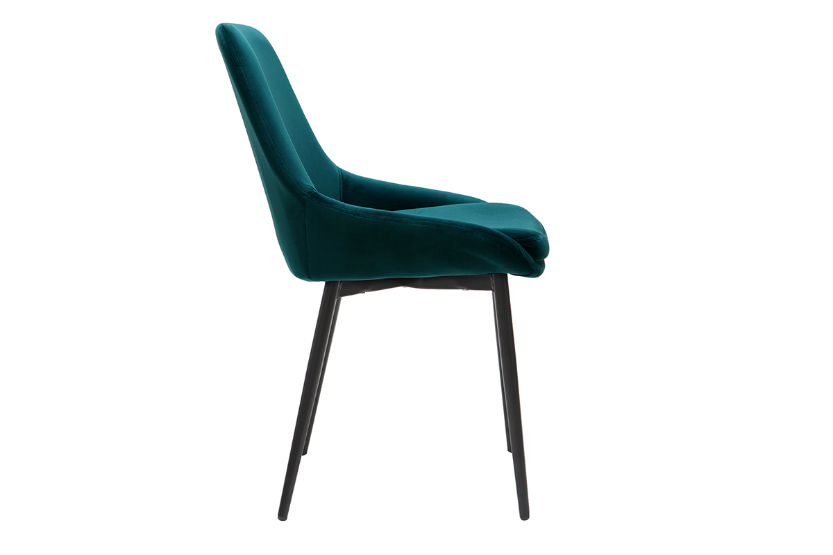 Sedia in velluto blu petrolio, vista laterale, gambe in metallo nero.