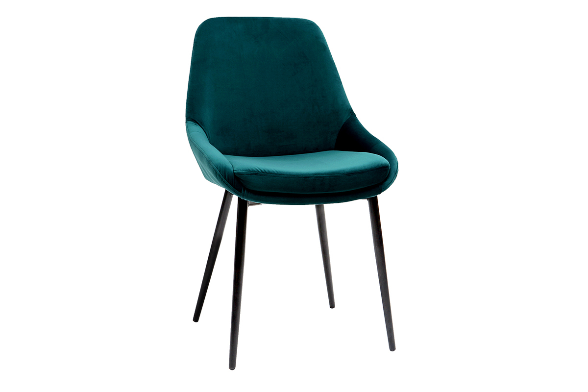 Sedia design in velluto blu petrolio con gambe in metallo nero, vista da 3/4.