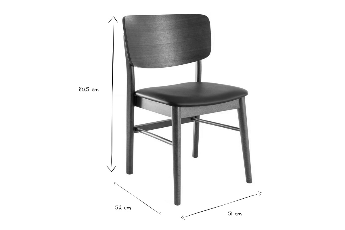 Dimensioni delle sedie SHELDON in legno scuro e nero in bianco e nero, altezza 80,5 cm, larghezza 52 cm, profondit� 51 cm.