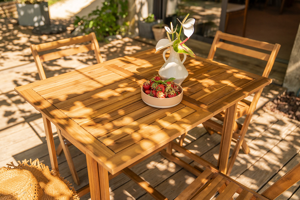Set tavolo allungabile con contenitore e 4 sedie pieghevoli in legno massello CARMEN