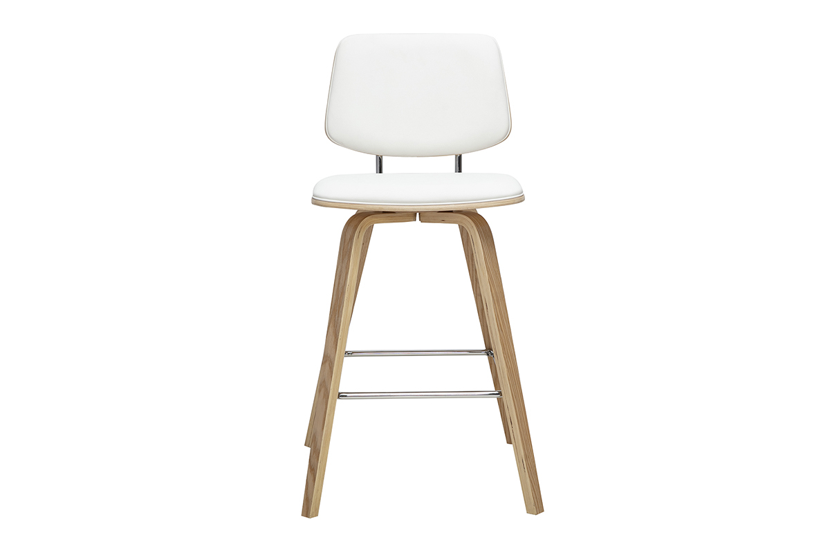 Sgabello da bar bianco e legno chiaro, vista frontale, H66 cm, design contemporaneo.