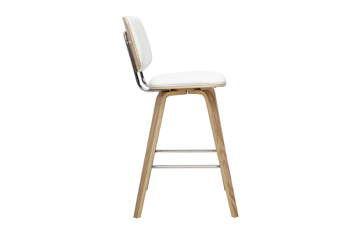 Sgabello da bar bianco e legno chiaro visto di profilo, altezza 66 cm, design moderno.
