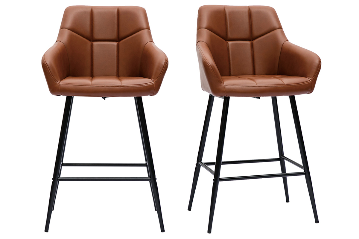 Sgabelli da bar con seduta trapuntata marrone e metallo nero H65 cm (set di 2) MONTERO