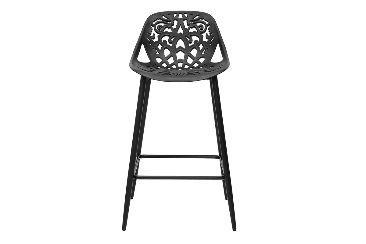 Sgabello da bar nero con motivo barocco, vista frontale.
