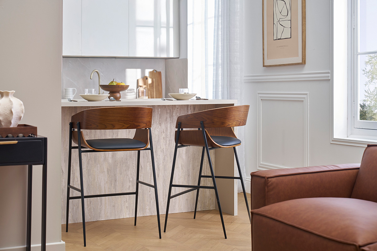 Sgabelli da bar design in legno scuro e metallo nero (set di 2) WESS