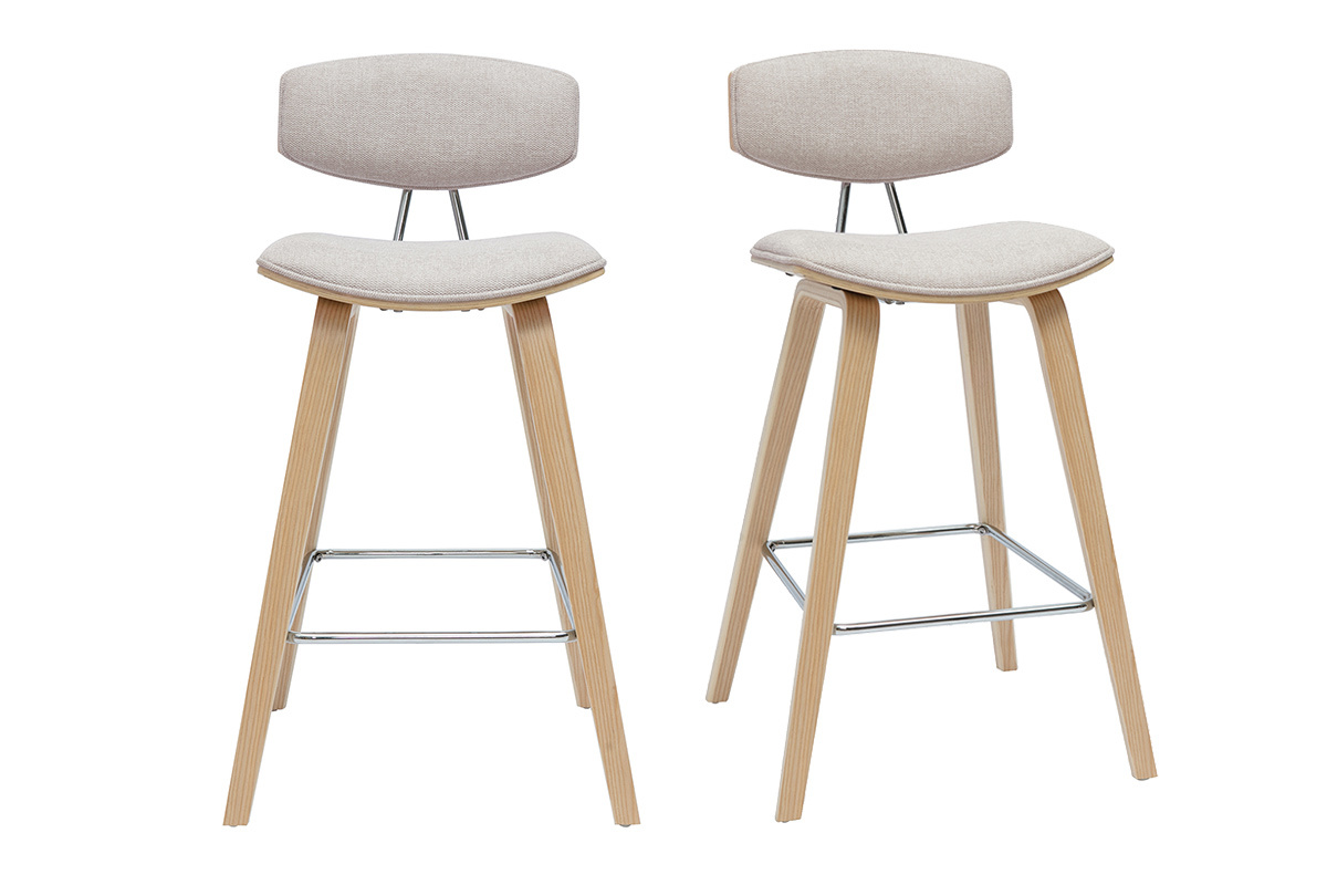 Sgabelli da bar design in tessuto effetto velluto beige e legno chiaro H69 cm (set di 2) VASCO