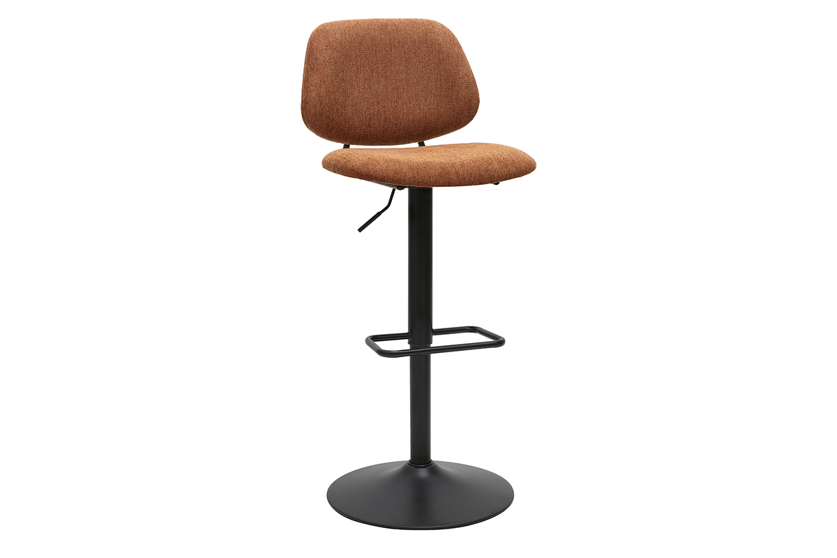 Sgabello da bar design in tessuto effetto velluto terra bruciata e metallo nero, vista da 3/4.