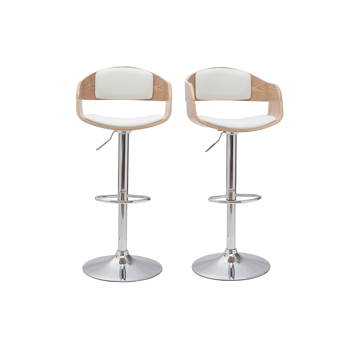 Sgabelli da bar design regolabili in poliuretano bianco e legno chiaro (set di 2) EUSTACHE