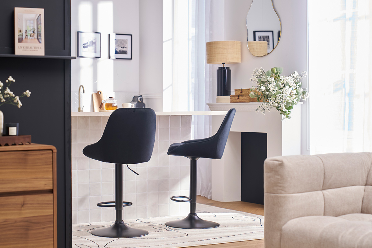 Sgabelli da bar design regolabili in tessuto velluto blu petrolio e metallo nero 360 (set di 2) HOLO