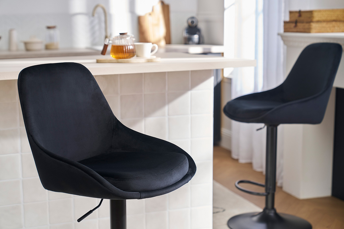 Sgabelli da bar design regolabili in tessuto velluto blu petrolio e metallo nero 360� (set di 2) HOLO