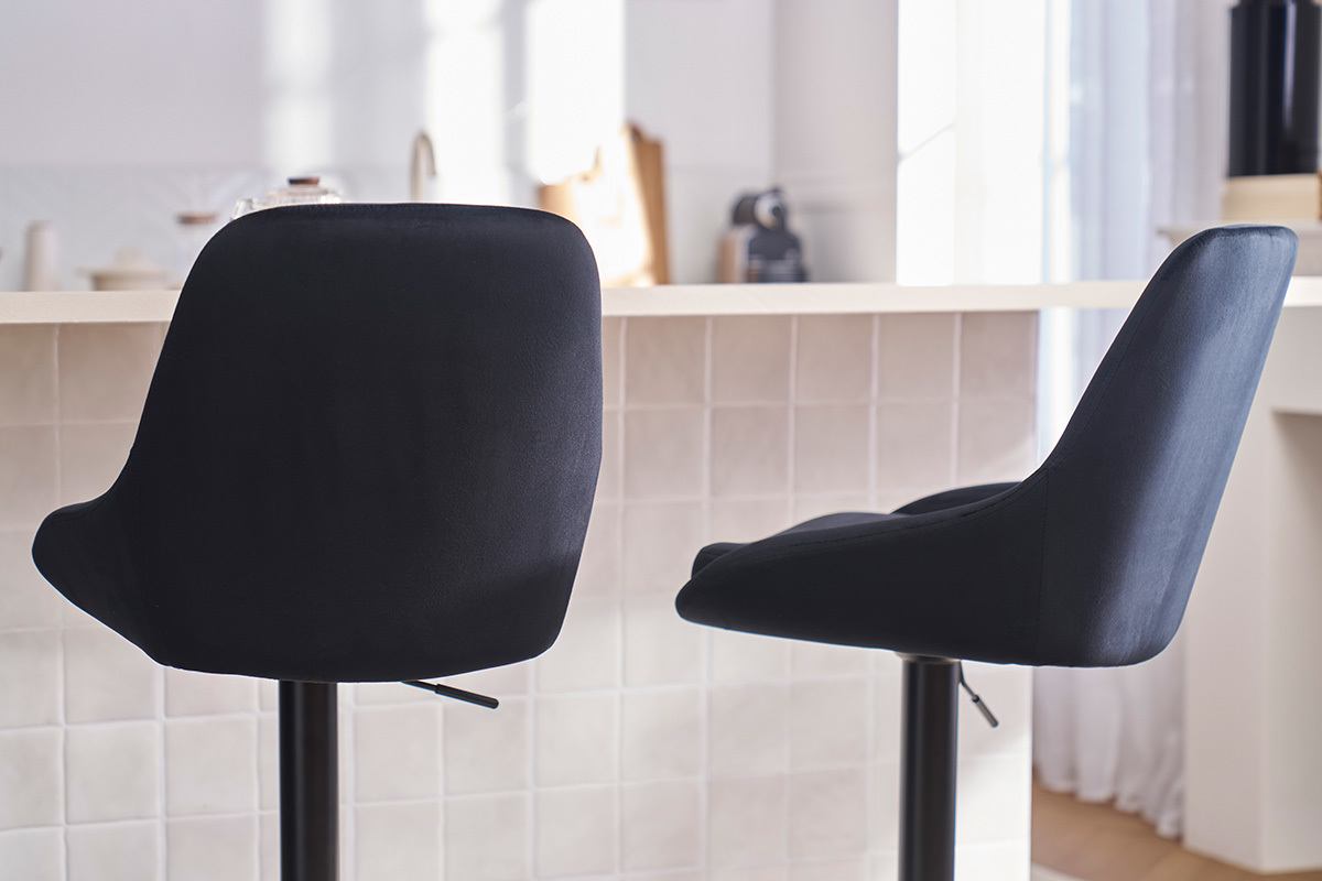 Sgabelli da bar design regolabili in tessuto velluto blu petrolio e metallo nero 360� (set di 2) HOLO