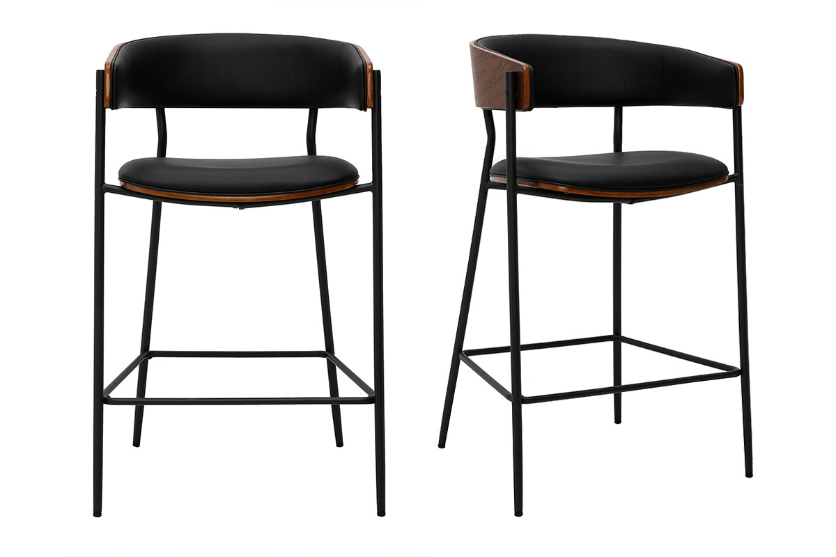 Set di 2 sgabelli da bar DANTE in nero e legno noce scuro, vista frontale.