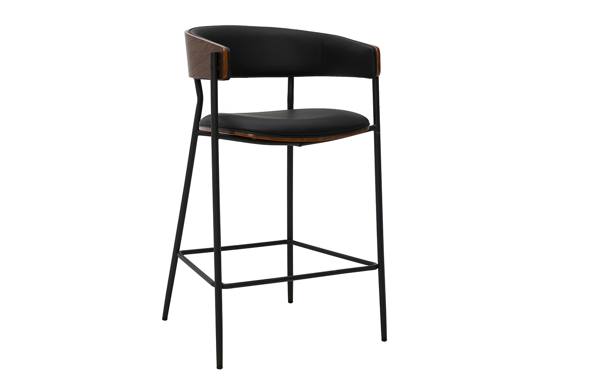 Sgabello da bar di design nero e legno scuro noce, vista tre quarti