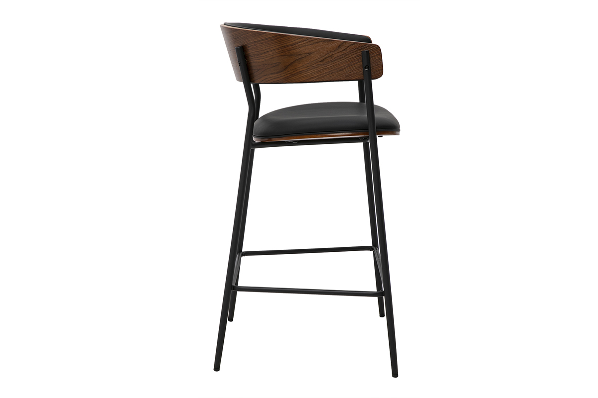 Sgabello da bar DANTE in nero e legno di noce, vista laterale con schienale.