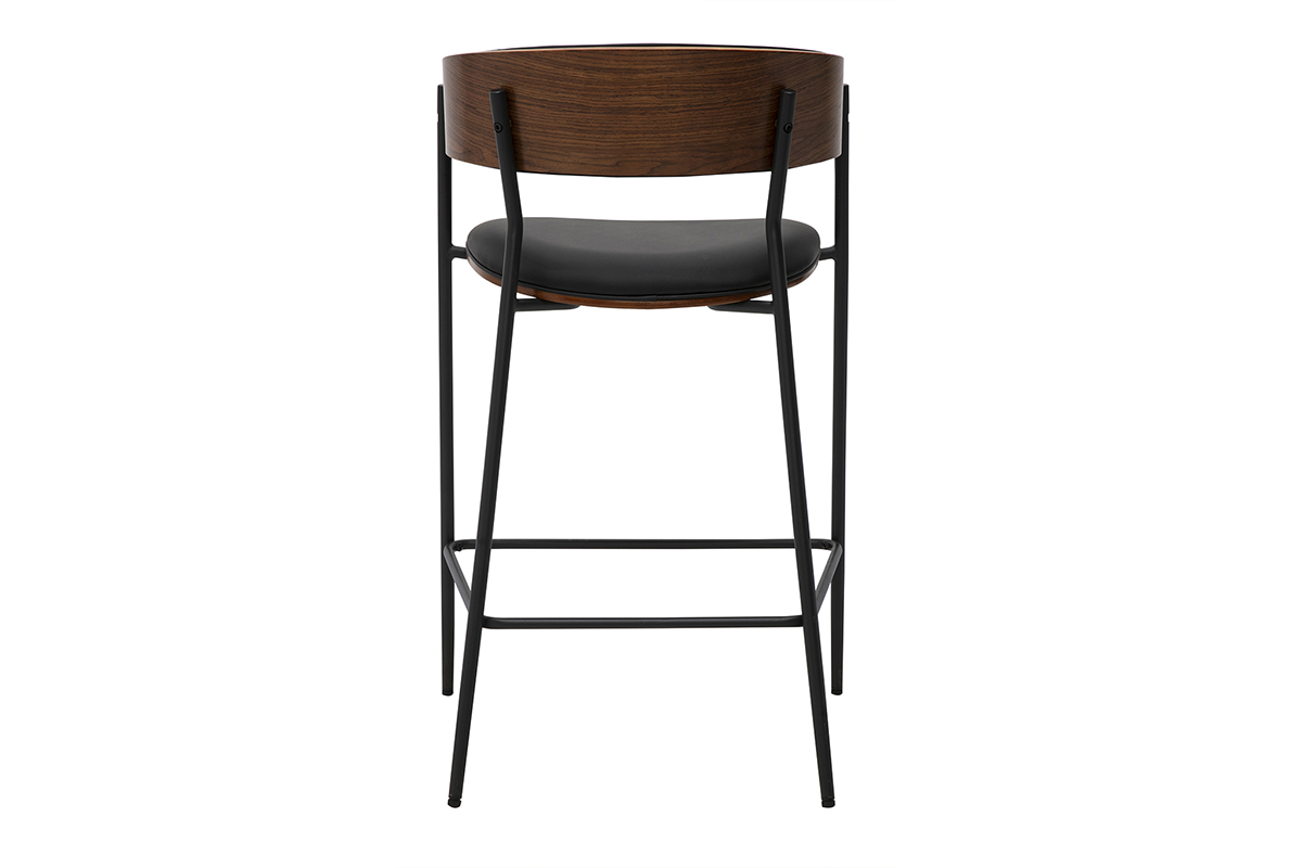 Sgabello da bar di design nero e legno noce, vista posteriore, altezza 66,5 cm.