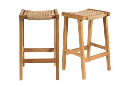Sgabelli da bar etnici da esterno in legno massello di teak e intreccio di rattan H65 cm (set di 2) GAWA