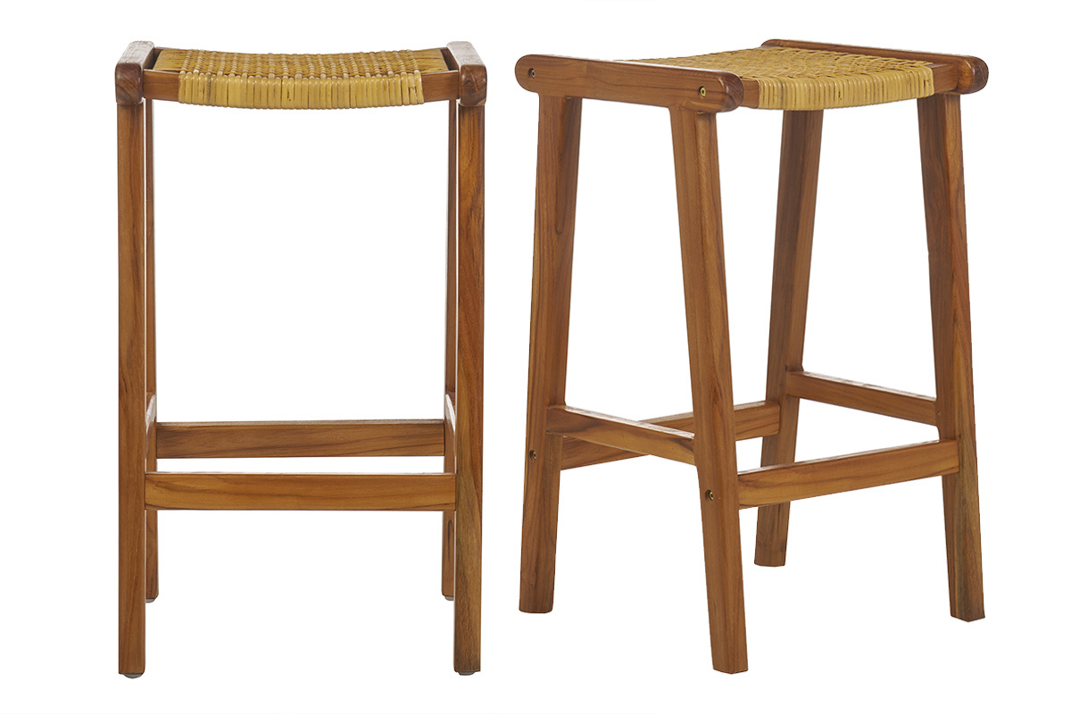 Sgabelli da bar etnici in legno massello di teak e motivo a intreccio rattan H65 cm (set di 2) GAWA