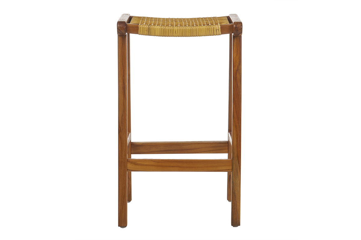 Sgabelli da bar etnici in legno massello di teak e motivo a intreccio rattan H65 cm (set di 2) GAWA