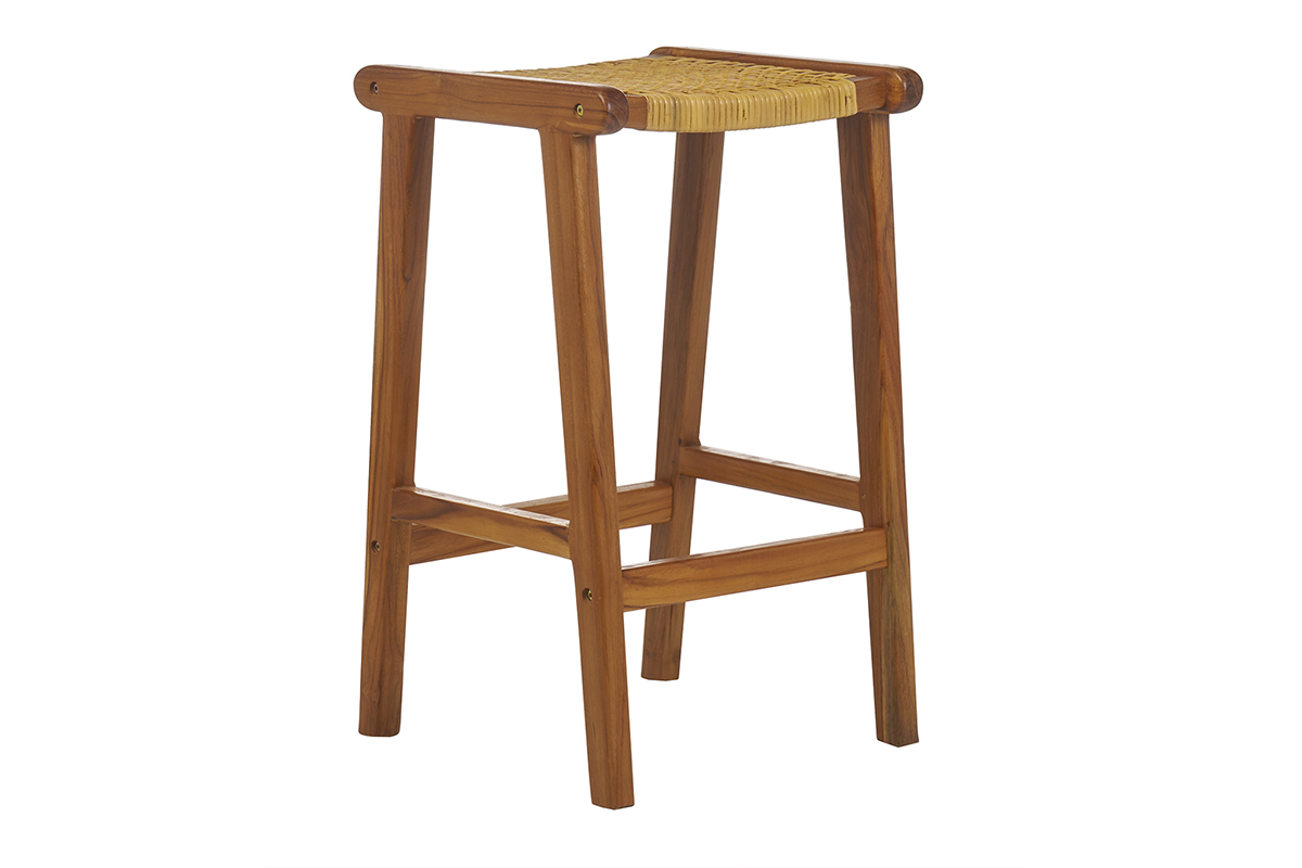 Sgabelli da bar etnici in legno massello di teak e motivo a intreccio rattan H65 cm (set di 2) GAWA