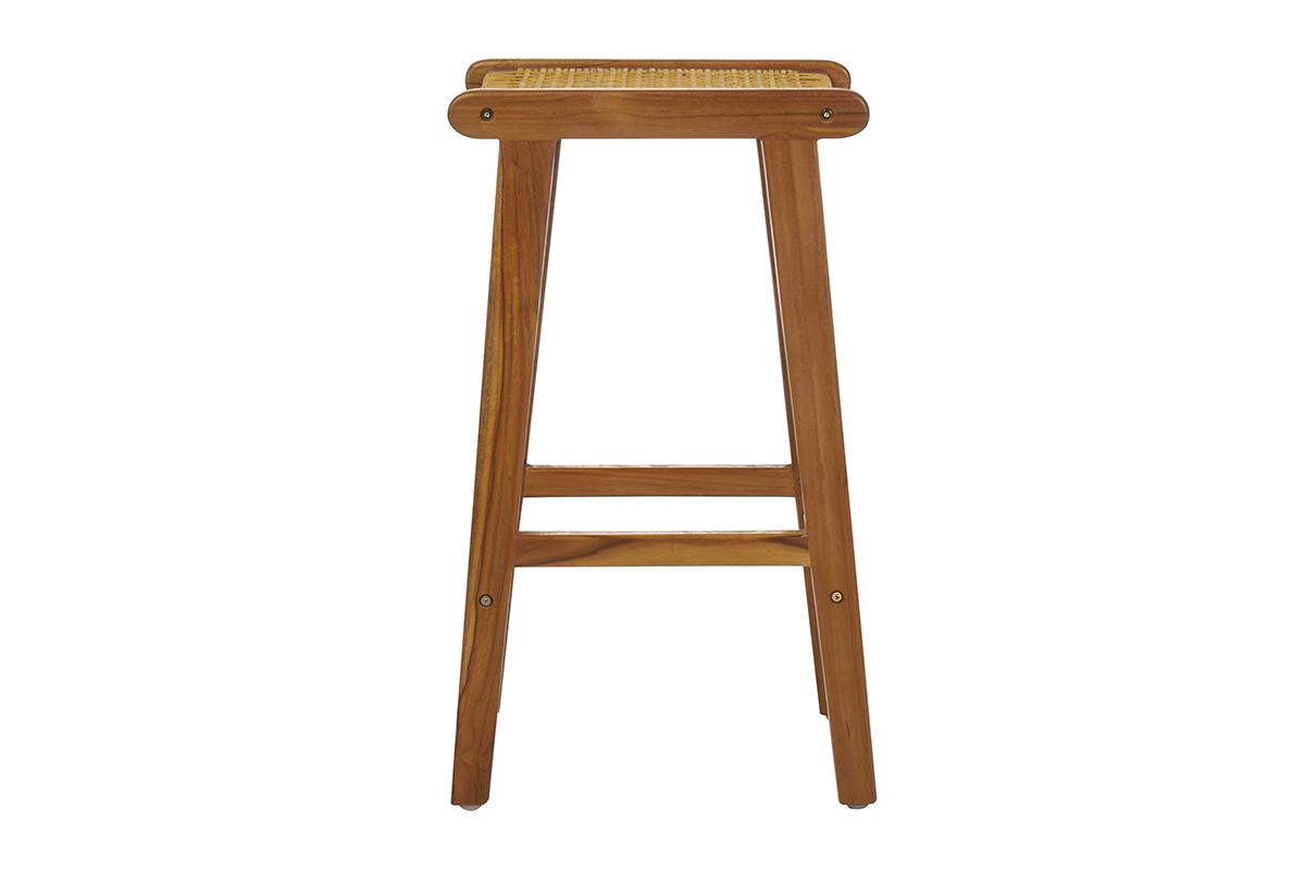 Sgabelli da bar etnici in legno massello di teak e motivo a intreccio rattan H65 cm (set di 2) GAWA