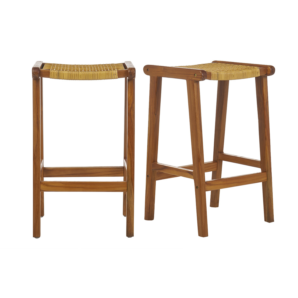 Sgabelli da bar etnici in legno massello di teak e motivo a intreccio rattan H65 cm (set di 2) GAWA