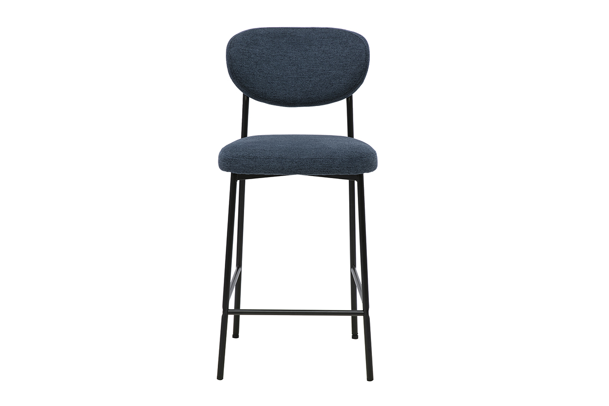 Sgabello da bar fisso in tessuto blu scuro con base in metallo nero, vista frontale, H65 cm.