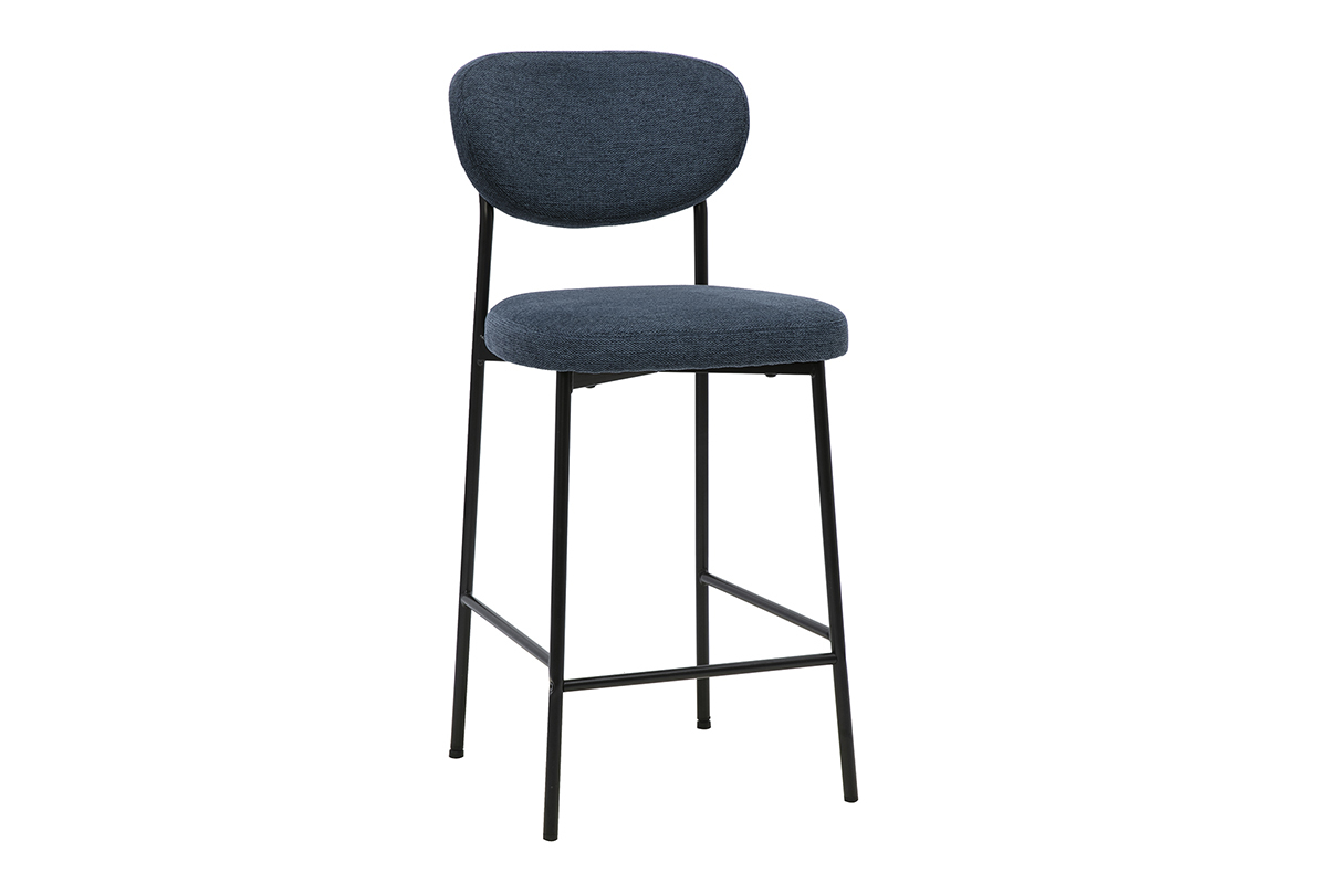 Sgabello da bar fisso in tessuto velluto testurizzato blu scuro con base in metallo nero, H65 cm.