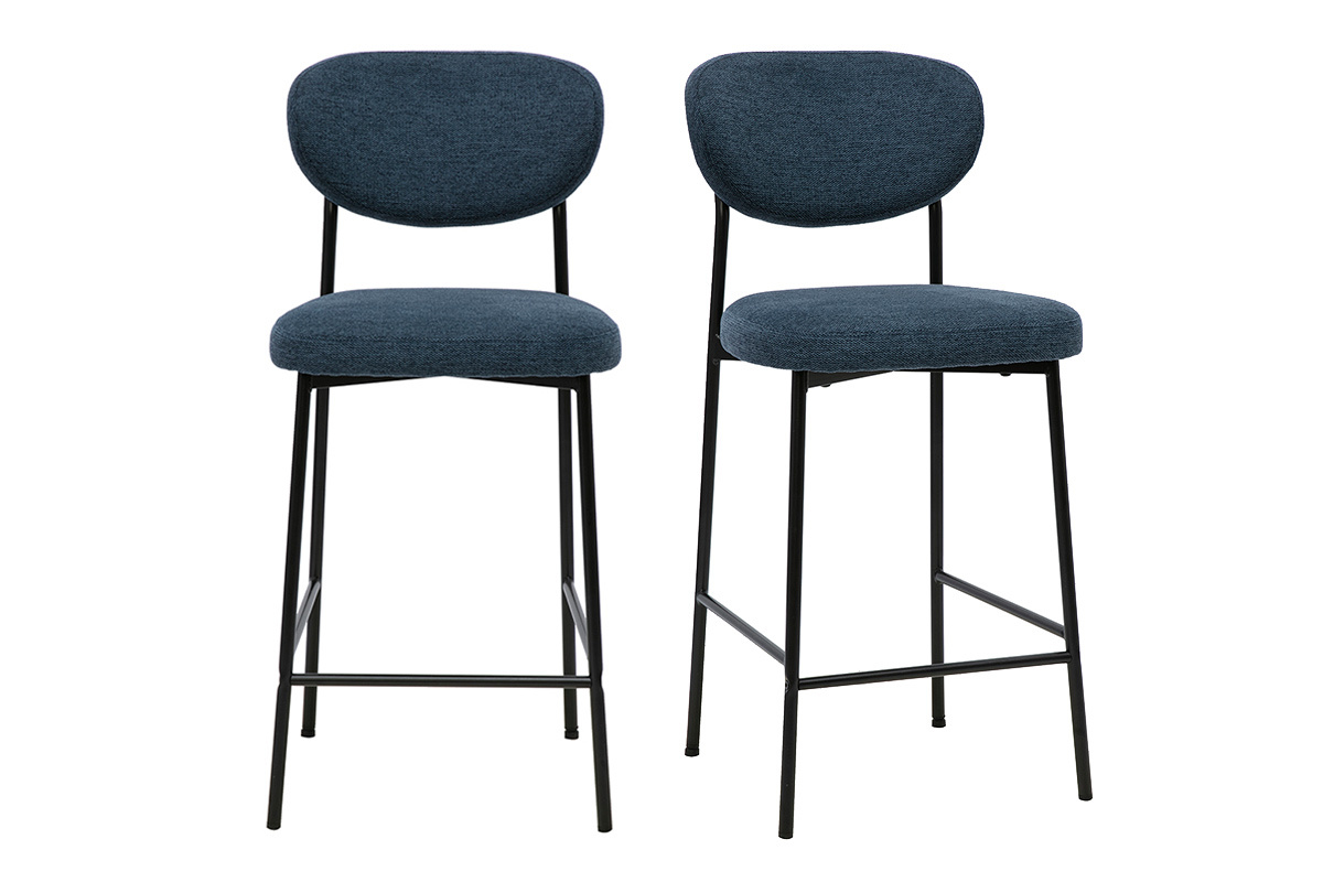 Set di 2 sgabelli da bar fissi in tessuto effetto velluto blu scuro, struttura in metallo nero, H65 cm