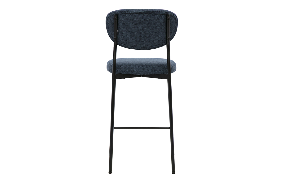 Sgabello da bar fisso BREKA in tessuto blu scuro, vista posteriore con struttura in metallo nero.