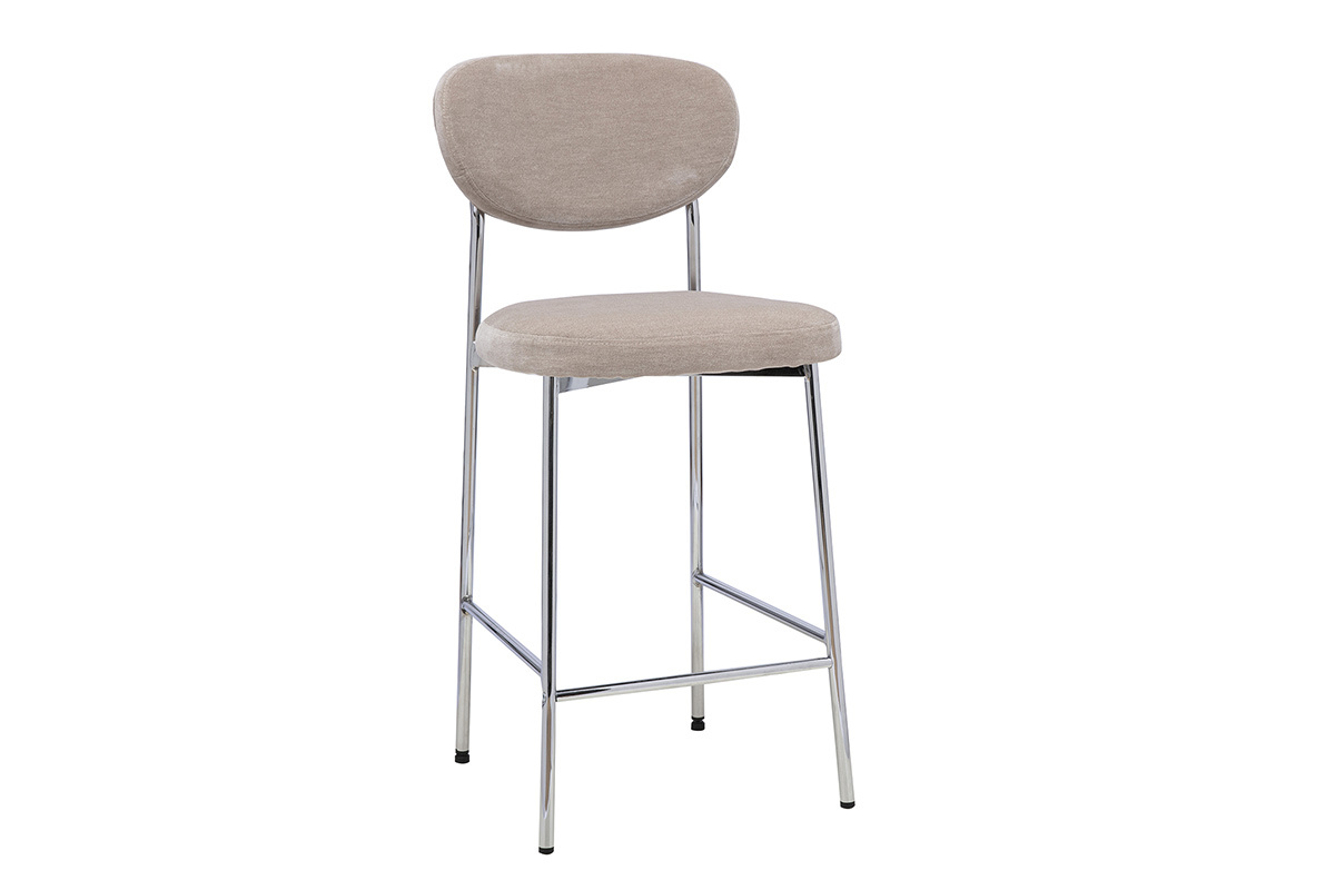 Sgabello da bar fisso in tessuto effetto velluto tortora, vista a 3/4, H65 cm, base in metallo nero.