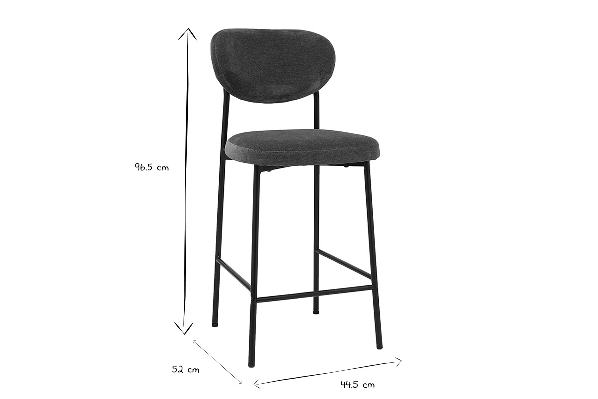 Dimensioni degli sgabelli da bar BREKA H96,5 cm, L44,5 cm, P52 cm in bianco e nero.