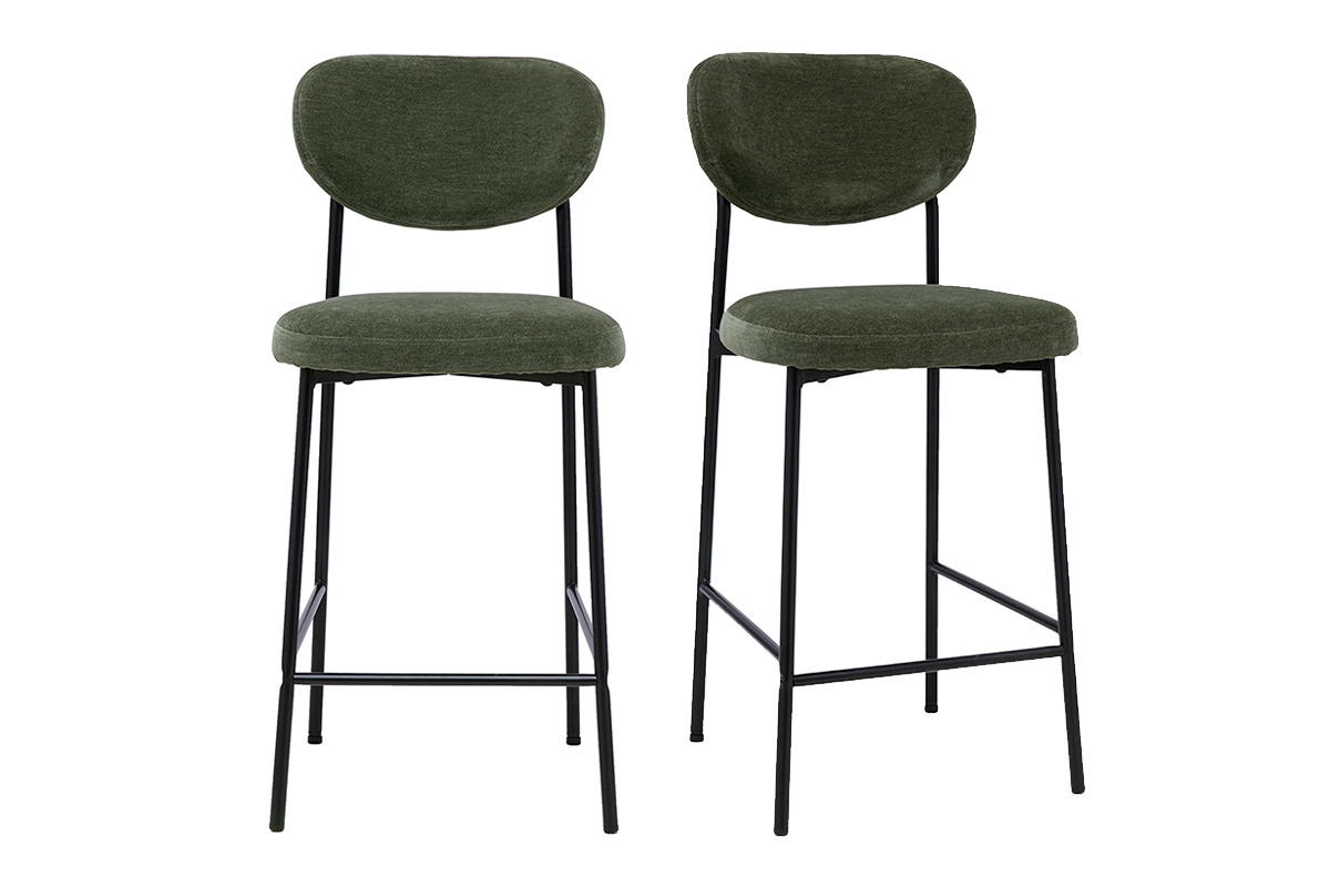Set di 2 sgabelli da bar fissi in tessuto effetto velluto verde kaki e struttura in metallo nero, H65 cm