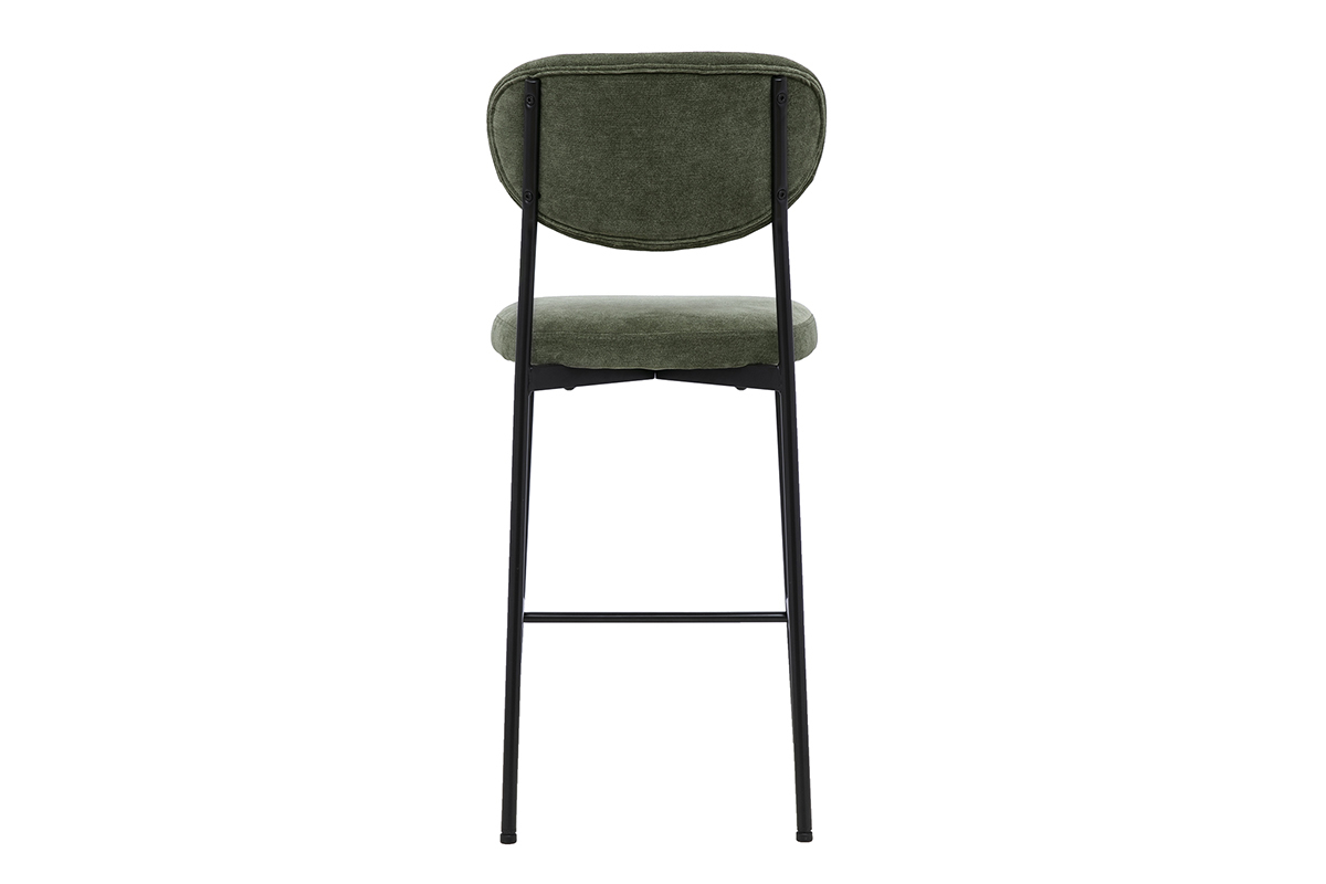 Sgabello da bar fisso in tessuto effetto velluto verde kaki vista da dietro con base in metallo nero