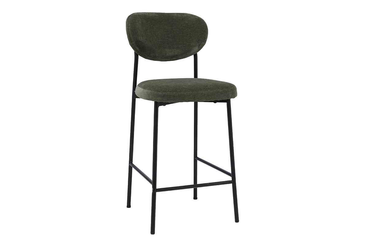 Sgabello da bar fisso in tessuto velluto verde kaki e metallo nero, H65 cm, vista a 3/4.