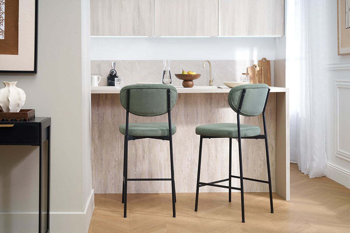 Sgabelli da bar fissi in tessuto velluto a coste giallo curry H65 cm (set di 2) BREKA